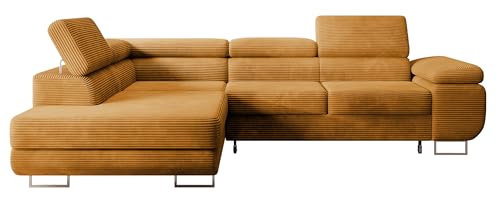 Selsey STEVIL - Ecksofa L-Sofa mit Schlaffunktion, Bettkasten, Ottomane links, Cordbezug Senfgelb von Selsey