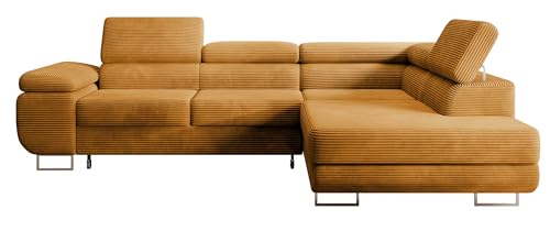 Selsey STEVIL - Ecksofa L-Sofa mit Schlaffunktion, Bettkasten, Ottomane rechts, Cordbezug Senfgelb von Selsey