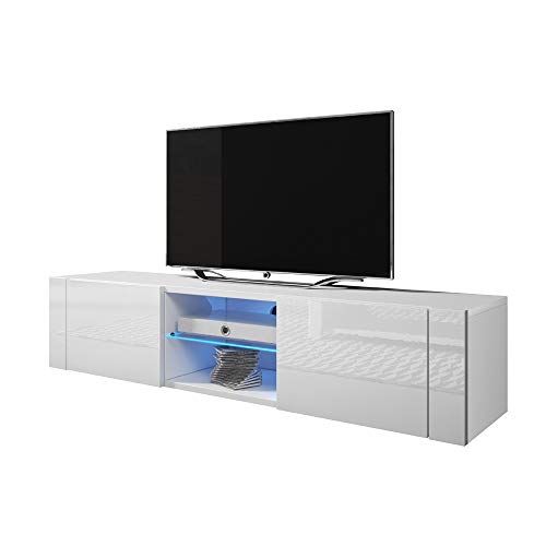 Selsey ELEGANT – TV-Lowboard Weiß Matt/Weiß Hochglanz 140 cm mit LED in Blau von Selsey