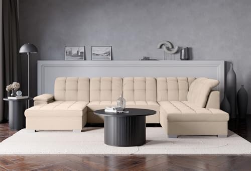 Selsey Ecksofa 330 x 212 cm U-Form Beige Modular Couch Sofa Mit Schlaffunktion Ottomane Sofa Mit Stauraum/Bettkasten verstellbare Kopfstützen Wasserabweisend, Abriebfest Linkse Seite von Selsey