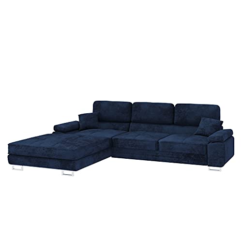 Selsey Ganta - Ecksofa mit verstellbaren Kopfstützen, Schlaffunktion und Stauraum, 280 cm breit (Plüsch Dunkelblau, Ottomane Links) von Selsey