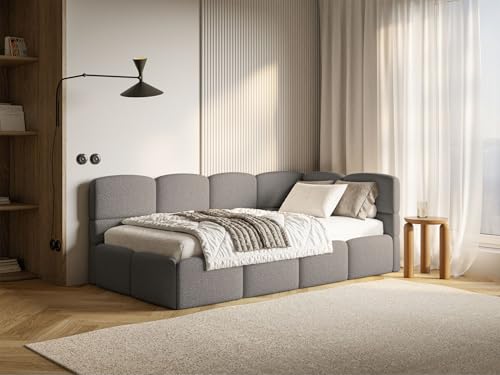 Selsey Jugendbett 90x200 cm Rechts Polsterbett mit Stauraum Gepolstertes Kopfteil Stabiler Rahmen aus Kiefer und Fichte Hochwertiger Bezug in Grau Für Kinderzimmer von Selsey