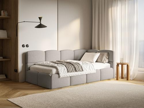 Selsey Jugendbett 90x200 cm Rechts Polsterbett mit Stauraum Gepolstertes Kopfteil Stabiler Rahmen aus Kiefer und Fichte Hochwertiger Bezug in Taupe Für Kinderzimmer von Selsey