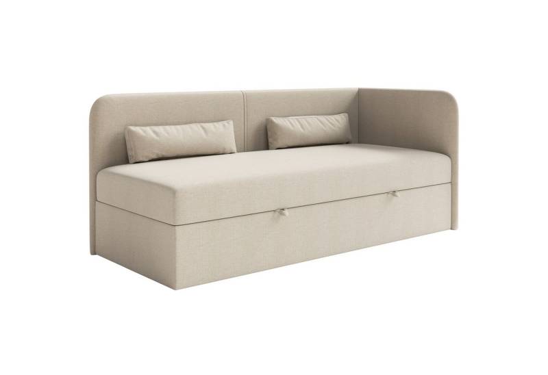 Selsey Jugendbett CALMMO, gepolstertes Einzelbett mit Kopfteil, Matratze, Stauraum, 90x200 cm von Selsey