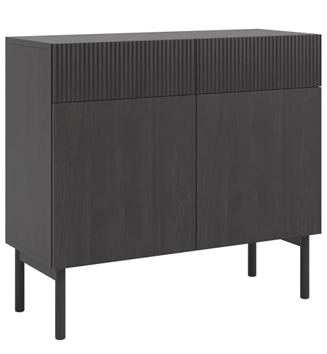 Selsey Kommode Aufbewahrungsschrank 2 Türen 2 Schubladen Schrank Schubladenschrank Push to Open 100 cm Nolie Portland Esche Schwarz von Selsey