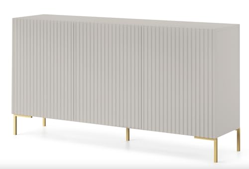Selsey Kommode Schrank Aufbewahrungsschrank 140 cm 3 Türen 6 Fächer Graubeige Goldene Beine Lammelo von Selsey