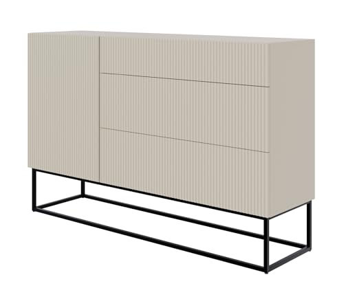 Selsey Kommode Schrank Aufbewahrungsschrank 140 cm Mit 3 Schubladen Und 1 Tür Graubeige Schwarze Beine Veldio von Selsey