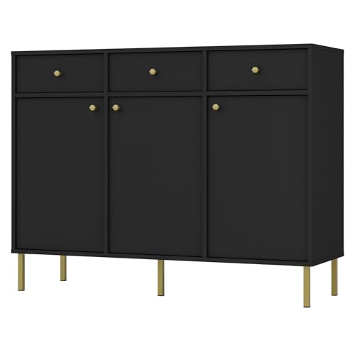 Selsey Kommode Schwarz-Graphit 100,2x95x40,8 cm mit Schubladen – Moderne Möbelkollektion mit goldenen Metallfüßen – Sideboard mit Regalbrettern – Laminierte Spanplatte – Kommode für Schlafzimmer von Selsey