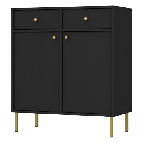 Selsey Kommode Schwarz-Graphit mit Schubladen – Oktio Möbelkollektion – 2 Türen, 2 Schubladen – Goldene Metallfüße – Laminierte Spanplatte – Höhe 95 cm – Robuste Bauweise, Selbstmontage. Selsey Kommode Schwarz-Graphit mit Schubladen – Oktio Möbelkollektion – 2 Türen, 2 Schubladen – Goldene Metallfüße – Laminierte Spanplatte – Höhe 95 cm – Robuste Bauweise, Selbstmontage. von Selsey
