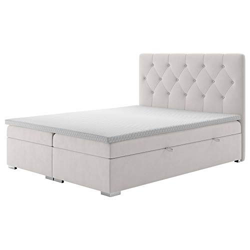 Selsey Lubekka - Boxspringbett, Doppelbett mit Samtbezug, Bonellfederkernmatratze, Topper und Bettkasten (140x200 cm, Hellgrau) von Selsey