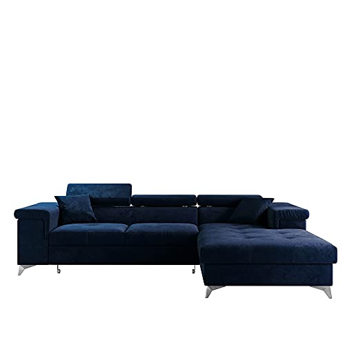 Selsey MIKKARA - Wohnlandschaft/Moderne Schlafcouch in L-Form/Veloursbezug wasserbeständig, freistehend, 280 cm breit (Dunkelblau, Ottomane rechts) von Selsey