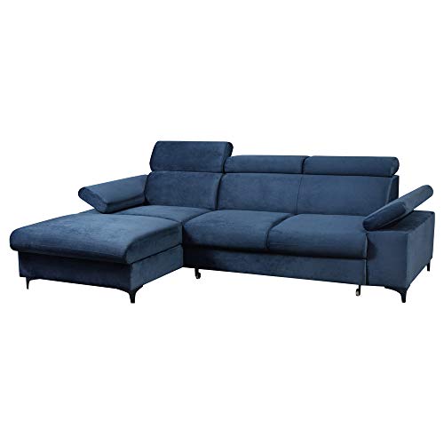 Selsey MILLEFOLIUM - Ecksofa/Schlafcouch Samtbezug wasserbeständig, verstellbare Kopfstützen, 2 Bettkästen, 260 cm breit (Dunkelblau, Ottomane Links) von Selsey