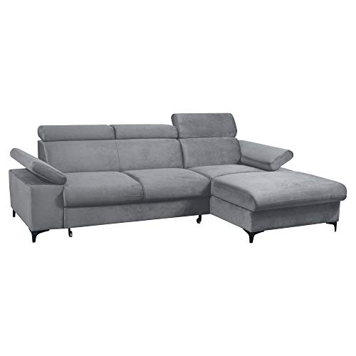 Selsey MILLEFOLIUM - Ecksofa/Schlafcouch Samtbezug wasserbeständig, verstellbare Kopfstützen, 2 Bettkästen, 260 cm breit (Grau, Ottomane rechts) von Selsey