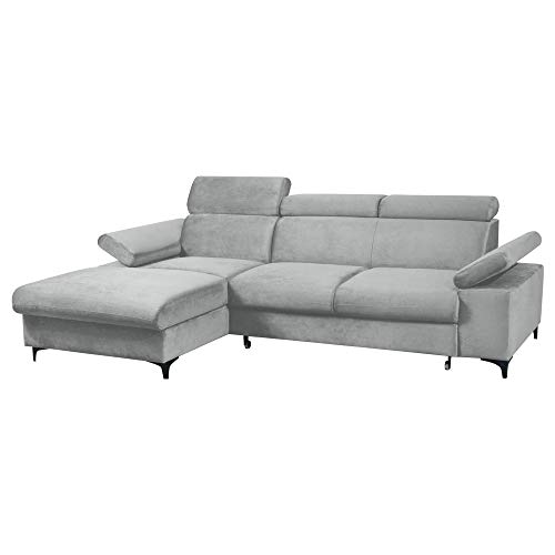 Selsey MILLEFOLIUM - Ecksofa/Schlafcouch Samtbezug wasserbeständig, verstellbare Kopfstützen, 2 Bettkästen, 260 cm breit (Hellgrau, Ottomane Links) von Selsey