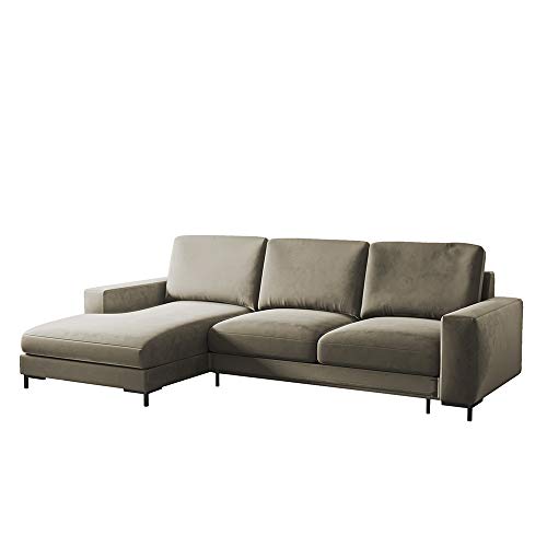 Selsey Mokpeo - Ecksofa mit Schlaffunktion, Bettkasten und schwarzen Füßen, 244 cm breit (Veloursbezug Beige, Ottomane Links) von Selsey