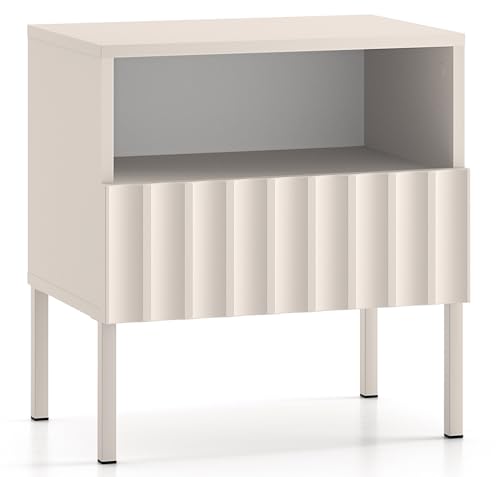 Selsey Nachttisch Beistellschrank Beistelltisch Nachtschrank 50 cm Mit Gerillten Fronten Push to Open Schublade Ablage Stehend Metallbeine Hellbeige Derriva von Selsey