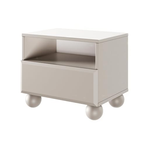 Selsey Nachttisch Chocolated, Hochwertiger Nachttisch mit Kugelförmigen Holzbeinen, 54x46,5 cm, Sandbeige, Laminierte Spanplatte & MDF,Fronten, Push,to,Open Schublade von Selsey