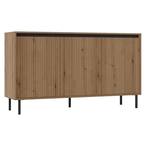 Selsey Osaka Sideboard Eichenholzoptik Evoke – Modernes Dreitüriges Sideboard mit Gerillten Fronten & Gefrästen Griffen – Metalfüße & Robustes MDF – Kommode 40 cm Tief für Wohnzimmer. von Selsey