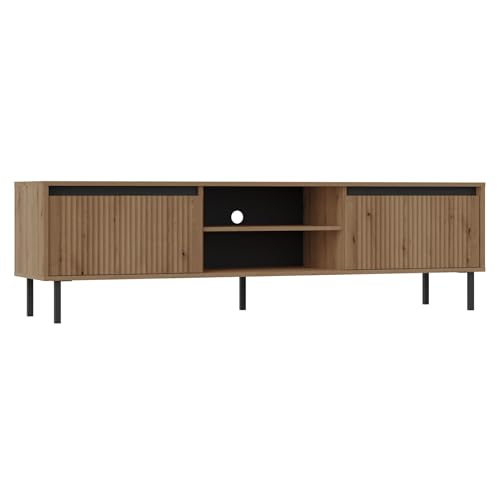 Selsey Osaka TV Lowboard, 179 cm Breite, 2 Schubladen & 2 Offene Fächer, MDF Front & Laminierte Platten, Schwarze Metallfüße 15 cm Höhe, Kabelloch für Saubere Verkabelung, Eiche Evoke von Selsey