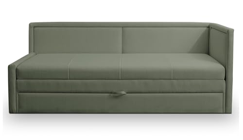 Selsey Polsterbett 91 x 205 cm Schlaffläche 163 x 189 cm Gepolstertes Bett Tagesbett Sofabett Jugendbett Robuster Stoff T30 Schaumstoff Ausziehbar Stauraum Salbei Caprili von Selsey