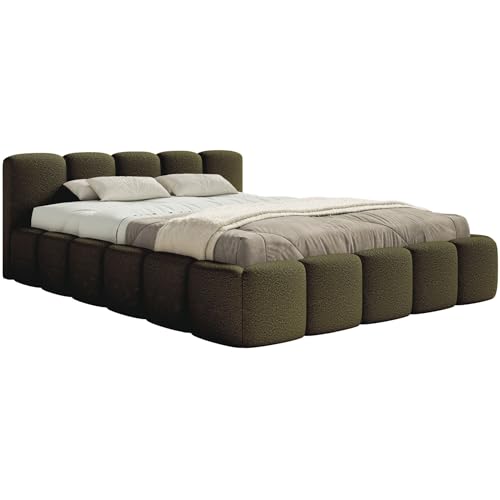 Selsey Polsterbett Cloudy Low 140x200cm mit Stauraum, Bettgestell aus Metallrahmen, Gepolstertes Bett mit Lattenrost, Modernes Design, Bouclé-Stoff in Olivgrün von Selsey