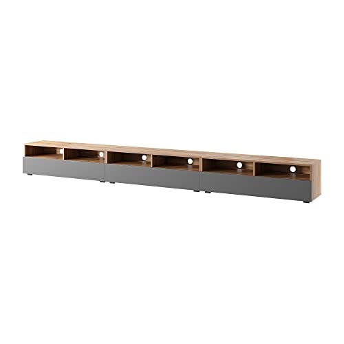 Selsey REDNAW - TV-Schrank/modernes TV-Board mit DREI Schubladen, stehend/hängend, 300 cm breit (Wotan Eiche Matt/Grau Hochglanz ohne LED) von Selsey