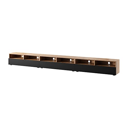 Selsey REDNAW - TV-Schrank/modernes TV-Board mit DREI Schubladen, stehend/hängend, 300 cm breit (Wotan Eiche Matt/Schwarz Hochglanz ohne LED) von Selsey