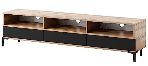 Selsey RIKKE - TV-Lowboard/TV-Tisch mit 3 offenen und 3 geschlossenen Fächern, 160 cm breit (Wotan Eiche Matt/Schwarz Hochglanz ohne LED) von Selsey