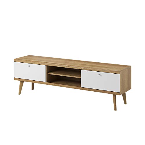 Selsey Scandi - TV-Schrank in Eiche-Weiß Matt mit Holzbeinen, 2 offene Fächer und 2 Klapptüren, 160 cm von Selsey