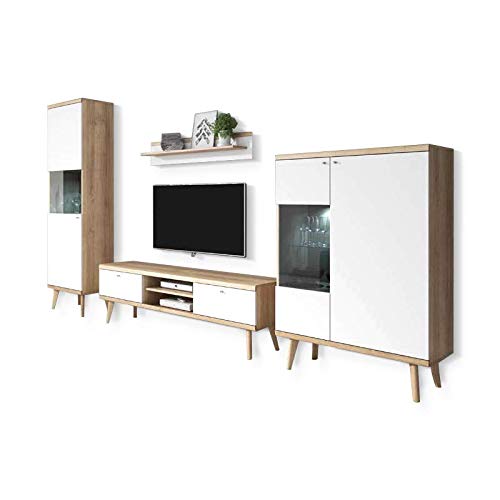 Selsey Scandi - Wohnzimmer Set / Wohnwand mit Vitrinenschränken in Weiß Matt / Eiche Skandinavisch 4-teilig, 300 x 40 x 197 cm von Selsey