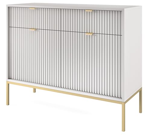 Selsey Vellore - Sideboard Kommode 2-türig mit 2 Schubladen, Grau mit geriffelten Fronten und goldenen Metallbeinen, 104 cm von Selsey