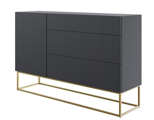 Selsey Veldio - Sideboard Kommode mit 3 Schubladen, Schwarz mit goldenem Metallgestell, 140 cm breit von Selsey