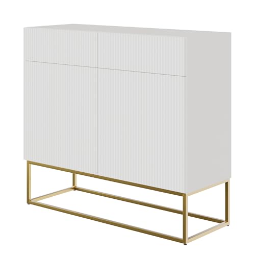 Selsey Veldio - Sideboard 2-türig mit 2 Schubladen, Weiß mit goldenem Metallgestell, 100 cm breit von Selsey