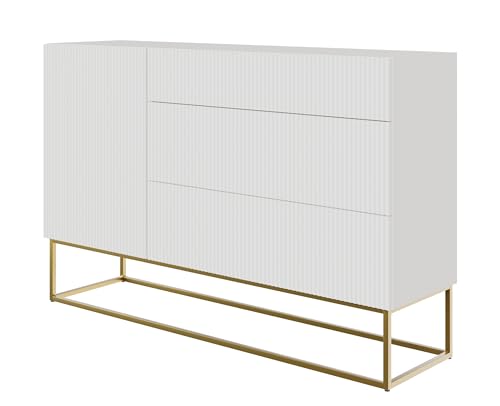 Selsey Veldio - Sideboard Kombikommode mit 3 Schubladen, Weiß mit goldenem Metallgestell, 140 cm breit von Selsey