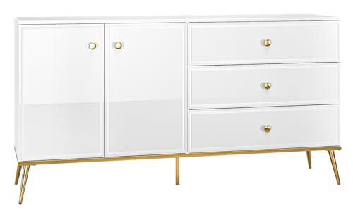Selsey Sideboard Darrby 84,8 x 160 x 40 cm - Elegante Weiße Kommode mit Goldakzenten - Hochglanz Weiß MDF - Goldfarbene Metallbeine & Griffe - 2 Türen & 3 Schubladen - Perfekt für Wohnzimmer von Selsey