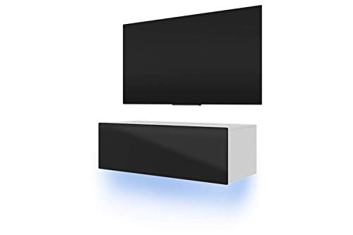 TV Schrank Lowboard Hängeboard Skylara mit LED Blau (100cm, Weiß Matt/Schwarz Hochglanz) von Selsey