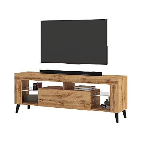 Selsey HugoB – TV-Lowboard, modernes TV-Sideboard mit Füßen und Glaseinlegeböden, 140 cm (Lancaster Eiche Matt, ohne LED) von Selsey