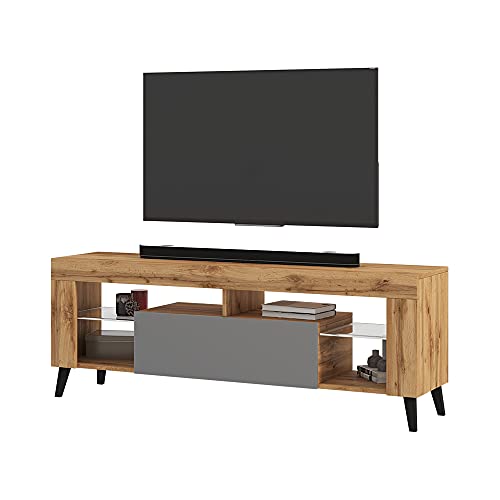 Selsey HugoB – TV-Lowboard, modernes TV-Sideboard mit Füßen und Glaseinlegeböden, 140 cm (Lancaster Eiche Matt/Grau Glanz, ohne LED) von Selsey