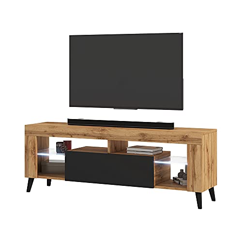 Selsey HugoB – TV-Lowboard, modernes TV-Sideboard mit Füßen und Glaseinlegeböden, 140 cm (Lancaster Eiche Matt/Schwarz Glanz, mit LED) von Selsey