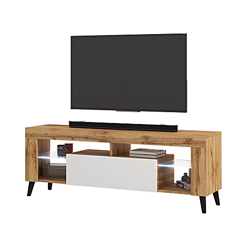 Selsey HugoB – TV-Lowboard, modernes TV-Sideboard mit Füßen und Glaseinlegeböden, 140 cm (Lancaster Eiche Matt/Weiß Glanz, mit LED) von Selsey