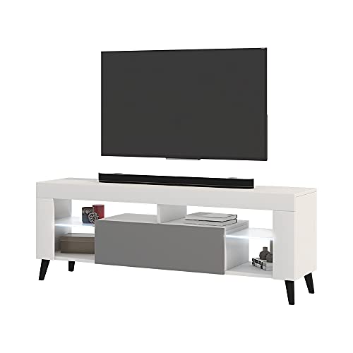 Selsey HugoB – TV-Lowboard, modernes TV-Sideboard mit Füßen und Glaseinlegeböden, 140 cm (Weiß Matt/Grau Glanz, mit LED) von Selsey