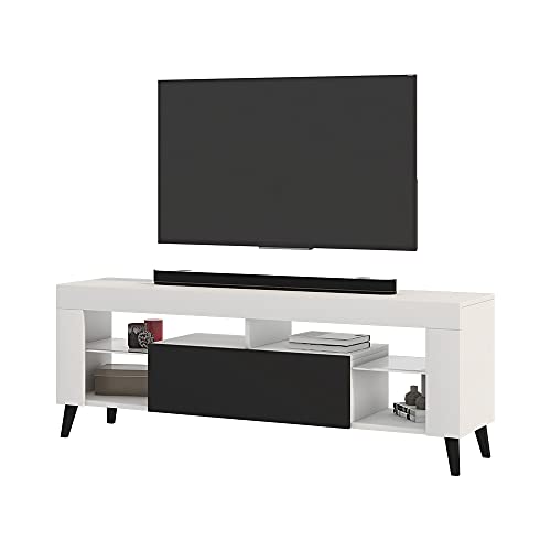 Selsey HugoB – TV-Lowboard, modernes TV-Sideboard mit Füßen und Glaseinlegeböden, 140 cm (Weiß Matt/Schwarz Glanz, ohne LED) von Selsey