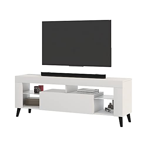 Selsey HugoB – TV-Lowboard, modernes TV-Sideboard mit Füßen und Glaseinlegeböden, 140 cm (Weiß Matt/Weiß Glanz, ohne LED) von Selsey