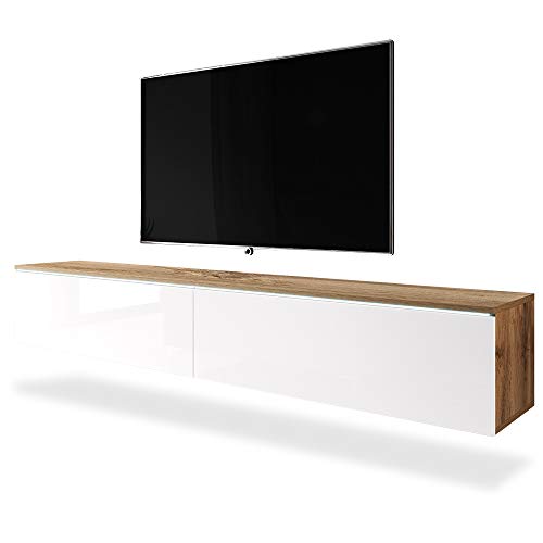 Selsey - TV-Lowboard KANE in Wotan Eiche/Weiß Hochglanz, hängend/stehend, modern, 2 Klappen, weiße LED-Beleuchtung, 180 cm von Selsey