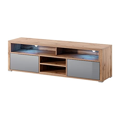 Selsey TV-Lowboard Fernsehschrank Mario 137 cm, Wotan Eiche Matt/Grau Hochglanz, LED mit Batterie von Selsey