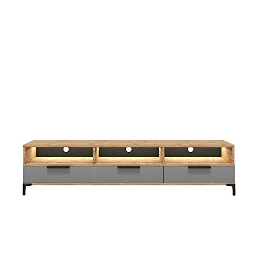 Selsey RIKKE - TV-Lowboard/TV-Tisch mit 3 offenen und 3 geschlossenen Fächern, 160 cm breit (Wotan Eiche Matt/Grau Hochglanz mit LED) von Selsey