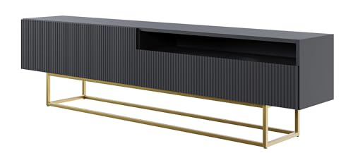Selsey TV Schrank Board Sideboard Fernsehtisch Fernsehschrank 175 cm Goldene Beine Mit Offenem Fach Gefräste Front Schwarz Veldio von Selsey