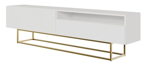 Selsey TV Schrank Board Sideboard Fernsehtisch Fernsehschrank 175 cm Goldene Beine Mit Offenem Fach Gefräste Front Weiß Veldio von Selsey