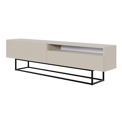 Selsey TV Schrank Board Sideboard Fernsehtisch Fernsehschrank 175 cm Schwarze Beine Mit Offenem Fach Gefräste Front Graubeige Veldio von Selsey