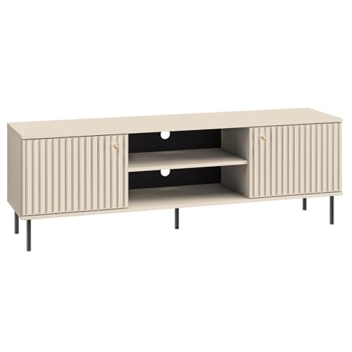 Selsey TV-Schrank Caletto - Maße:160 x 53 x 40 cm - Modernes TV Lowboard in Beige - Laminierte Platte mit Soft-Close-Türen - Goldene Griffe & Lamellen-Design - Schwarze Metallbeine – Kabeldurchlässe von Selsey
